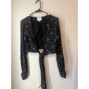 Privacy Please Long Sleeve‎ Wrap Crop Top Black White Polka Dot Size Small